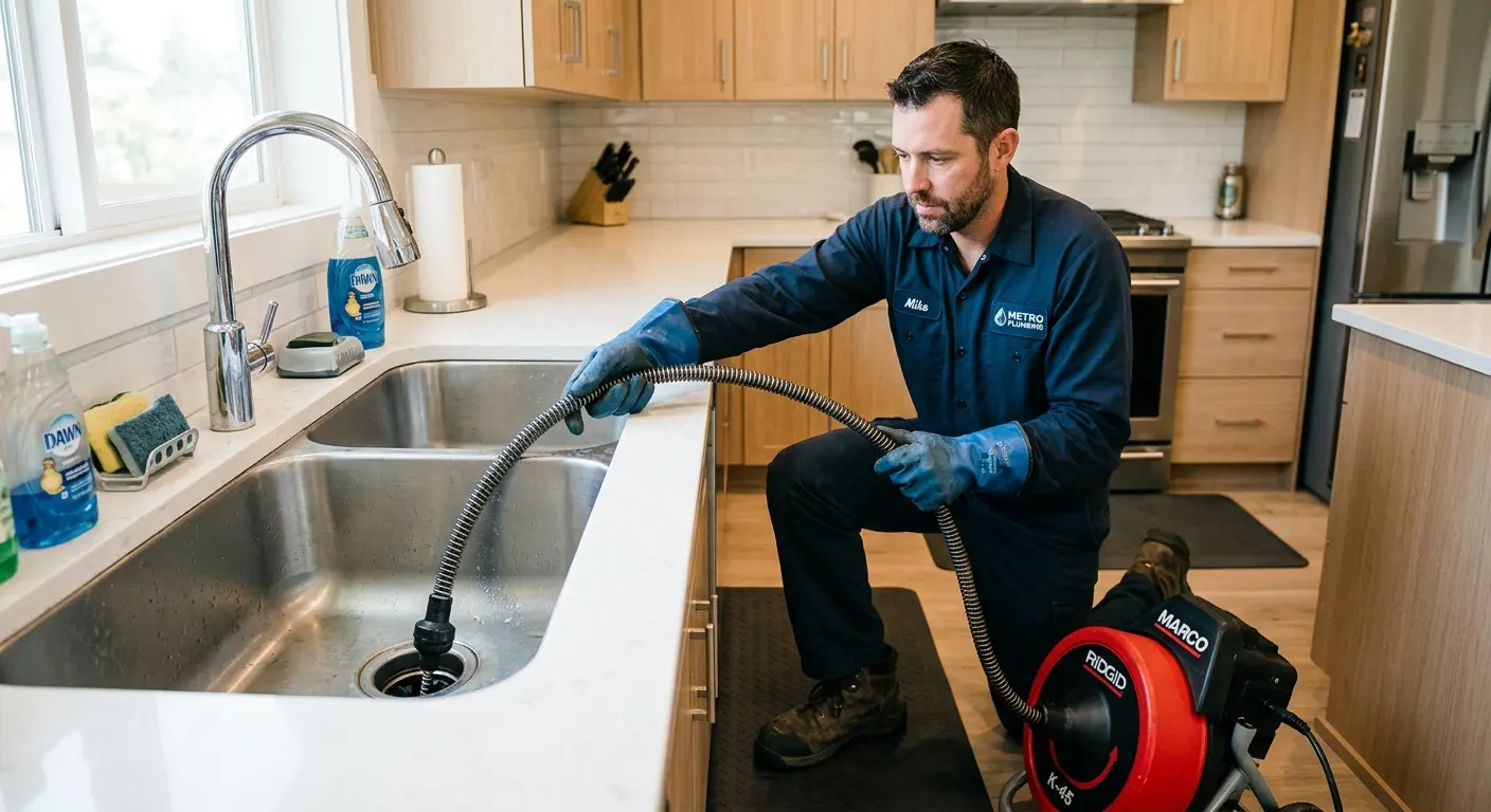 Drain cleaning technician using a motorized snake on a kitchen sink in Logan