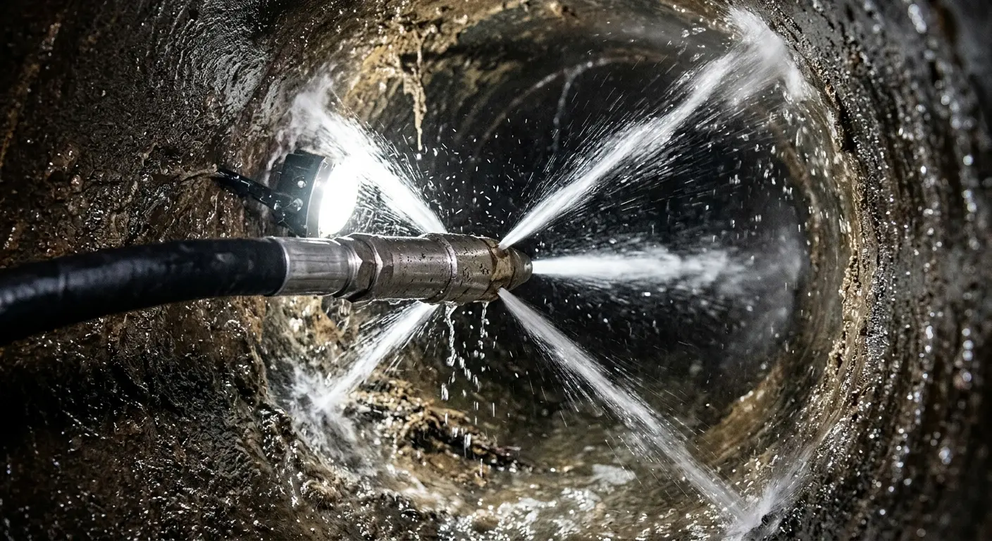 High-pressure hydro jetting nozzle cleaning sewer pipe for Emergency Drain Service in Logan