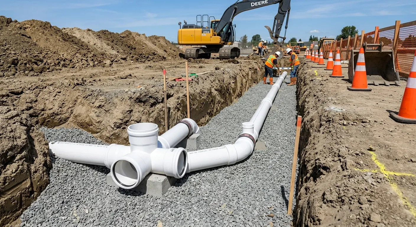 New PVC sewer pipe installation in open trench for Grease Trap Cleaning in Logan
